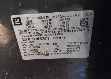 2017 Chevrolet Equinox Lt z USA, uszkodzony, nr VIN 2GNALCEK8H1590673